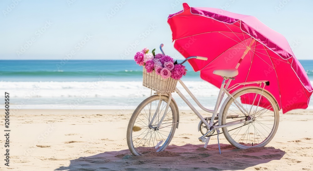 Fototapeta premium A vintage white bicycle adorned with pink flowers sits on a sandy beach under a large pink umbrella, offering a peaceful coastal scene, parasol, ocean, basket