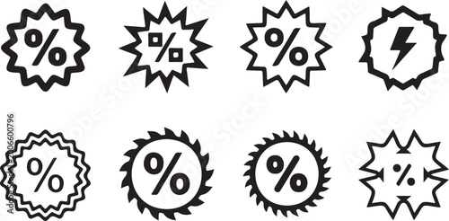 Black and white discount sticker with percentage and lightning bolt symbols sale stickers