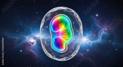 An iridescent futuristic embryo pulsates inside a translucent gelatinous membrane against a backdrop of deep space stars and cosmic dust, universe, futuristic, starfield