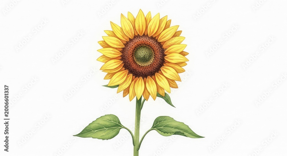 Fototapeta premium Delicate watercolor sketch of a single sunflower with vibrant golden petals and a deep brown center stretching upward toward the warm sun, helianthus, petals, plant