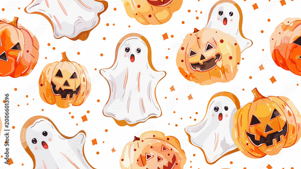 Obraz premium Playful Halloween Pattern Featuring Cute Ghosts and Jack-O-Lanterns on White Background