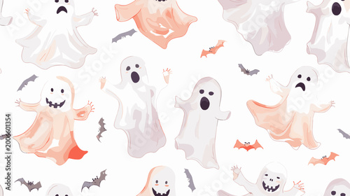 Canvas Print Playful Ghost Patterns Surrounded by Bats and Halloween Elements on a White Back