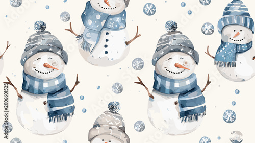 Photos Playful Snowman Characters in Blue and White Scarves on a Festive Winter Backgro