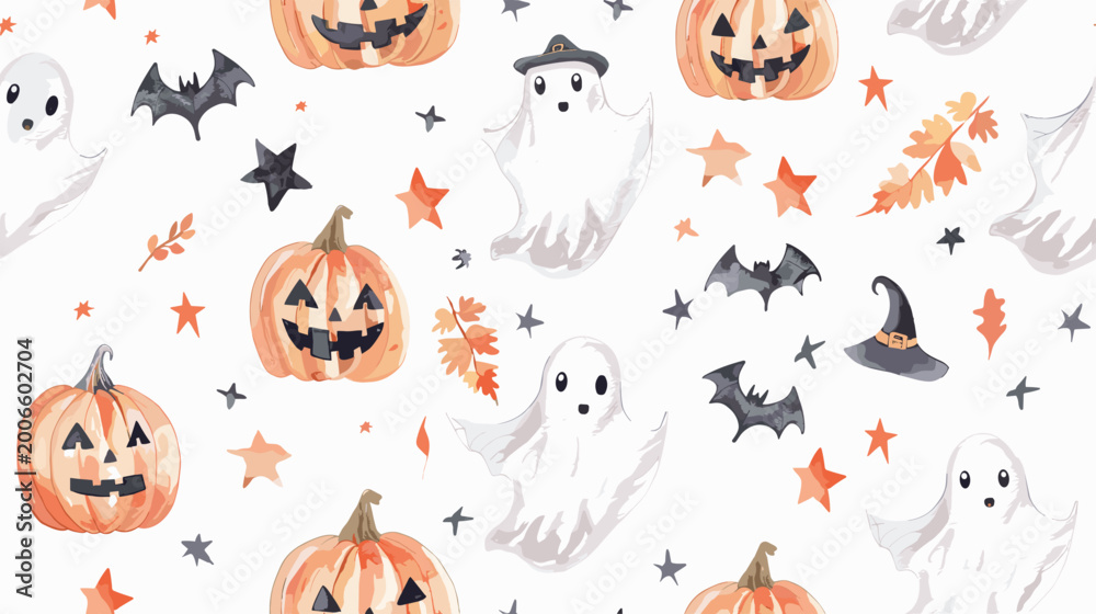 Obraz premium Whimsical Halloween Pattern Featuring Pumpkins, Ghosts, Bats, and Autumn Leaves on a White