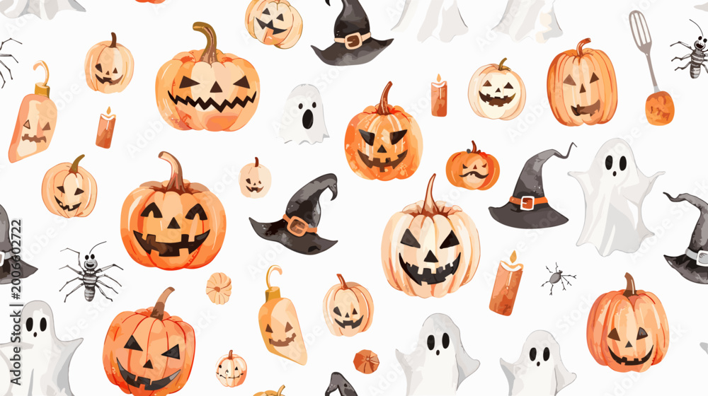Obraz premium Whimsical Halloween Theme Featuring Pumpkins, Ghosts, Witches, and Seasonal Decorations Pattern