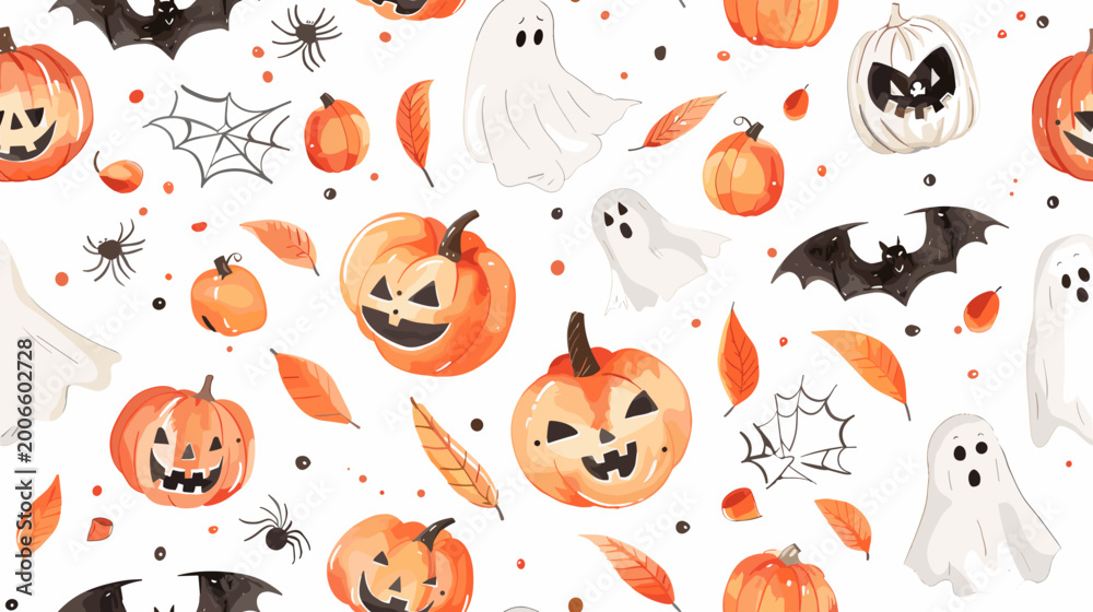 Fototapeta premium Whimsical Halloween Pattern Featuring Pumpkins Ghosts Bats and Autumn Leaves in Festive Colors