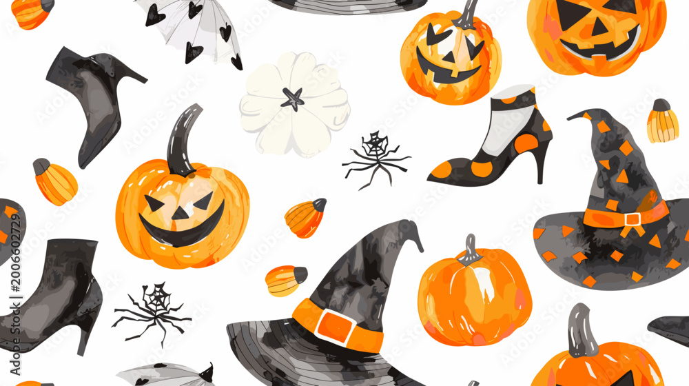 Fototapeta premium Whimsical Halloween Pattern Featuring Pumpkins, Witches Hats, and Spooky Elements in Vibrant Colors