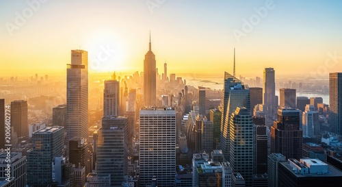 Golden morning light spills across a dense urban skyline, illuminating tall glass skyscrapers as a bright sun rises above the horizon line, fog, city, scenery