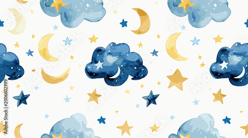 Fotografie Whimsical Watercolor Clouds, Moons, and Stars Pattern on Soft White Background