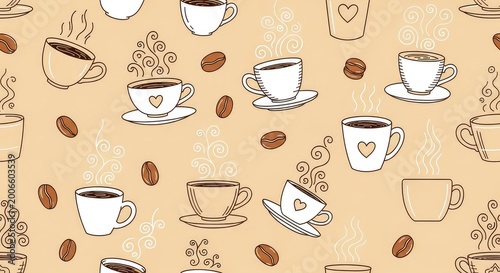 Seamless pattern of hand-drawn coffee cups, roasted beans, and swirling steam doodles on a warm beige background in a minimalist sketch, coffee, beige, tile