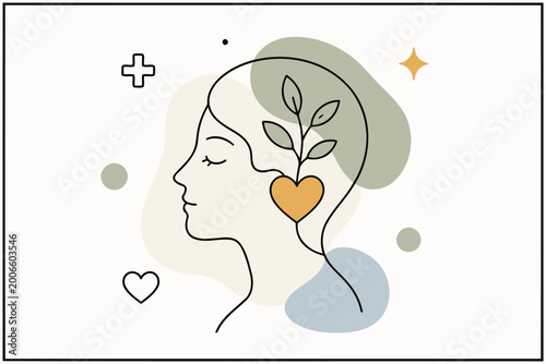 Εκτύπωση καμβά Illustration of woman with growing plant and heart in brain silhouette Vector