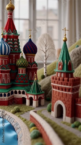 A slow pan tracks a silk river with rowboats passing a colorful knitted Saint Basil's cathedral and red Kremlin wall inspired by Moscow