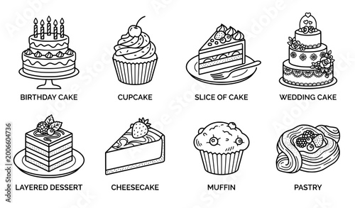 Cake icon set dessert bakery line vector isolated collection
