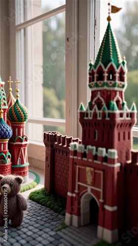 A slow pan across a window sill reveals a colorful knitted cathedral and matryoshka doll inspired by Moscow, with a felted bear and Kremlin wall nearby