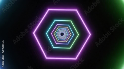 Abstract futuristic neon hexagon tunnel looping animation with vibrant multi-colored light strokes on dark background