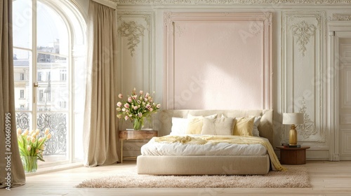 Luxurious classic bedroom interior with elegant beige bed, pink wall molding mockup, large arched window with curtains, spring tulip bouquets, and ornate baroque wall decorations in bright sunlight.