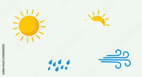 Collection of various weather condition icons including sun, clouds, rain, and wind on a bright studio background.
