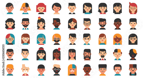 Quadro su tela Diverse collection of various flat design avatar icons of people with different appearances in a bright studio background