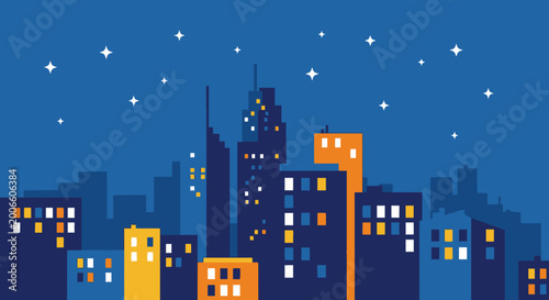 Illuminated City Skyline at Night with Stars in the Dark Blue Sky, Urban Landscape Illustration