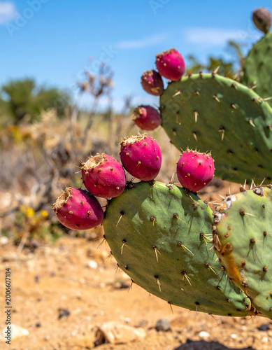 Close up of prickly pear cactus pads with bright pink fruit growing in the dry desert soil.