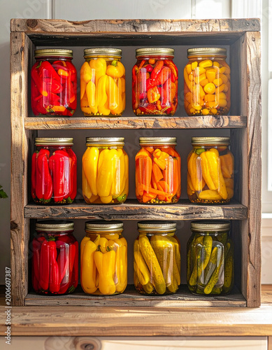 Rows of colorful preserved vegetables in glass canning jars arranged on rough wooden pantry shelves indoors.