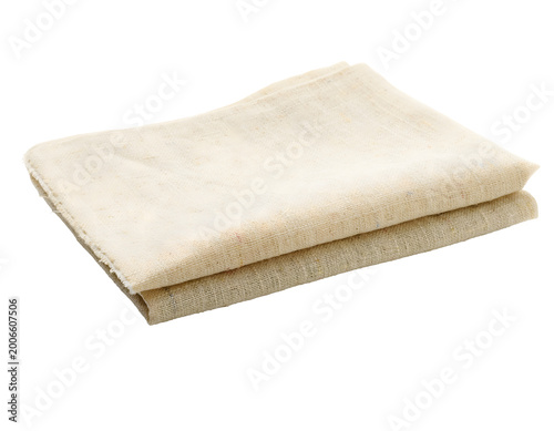 Macro view of folded high-quality linen fabric swatch in oatmeal color showcasing detailed textile weave and organic material for premium upholstery or fashion design