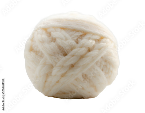 Macro view of chunky knit wool ball featuring soft cream yarn texture and realistic stray fibers for handicraft hobby or textile industry concepts