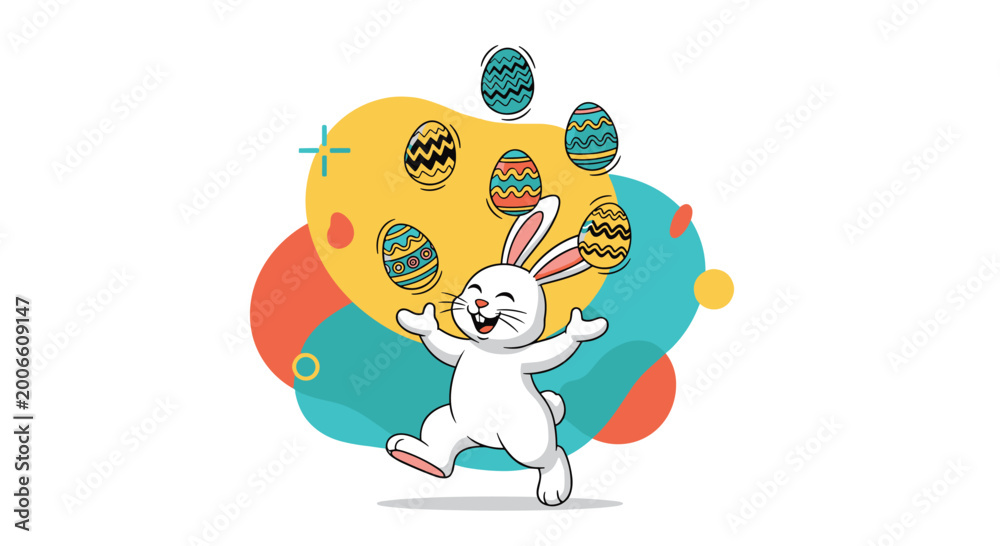 Naklejka premium Energetic white Easter bunny juggles several brightly decorated eggs in front of colorful abstract background shapes.