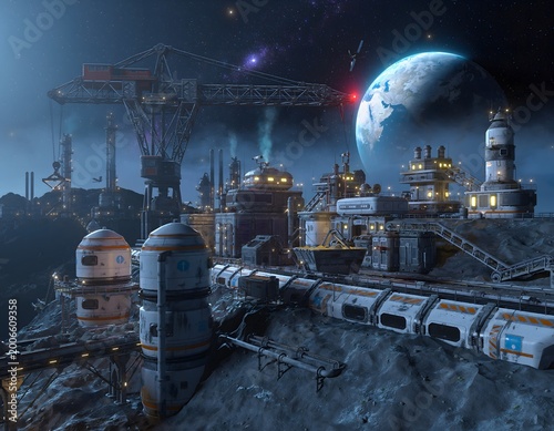 Futuristic three dimensional render of a space economy mining base constructed on a rocky asteroid glowing with bright industrial lights and technological machinery