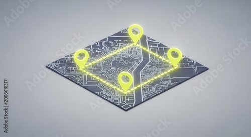 A detailed three-dimensional digital map displays three markers linked by a glowing neon yellow line to define a specific geometric area, markers, exploration, conceptual