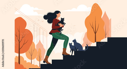 Young woman walking up outdoor steps carrying a black cat and followed by others through a beautiful autumn forest park setting.
