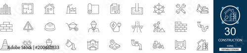 Foto Construction and building line icon set with 30 icons construction, tools, crane, helmet, architecture, engineering, industry, renovation