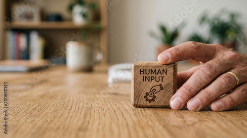 Human input wooden block on desk with ai federated learning network concept in warm office light