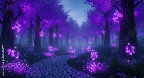 A winding trail leads through an enchanted woodland filled with glowing violet flora, misty shadows, and ethereal starlight under a deep sky, glowing, spiritual, lavender