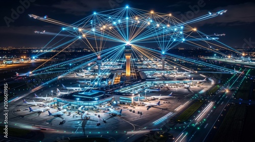 Glowing airport network with connected nodes and planes at night