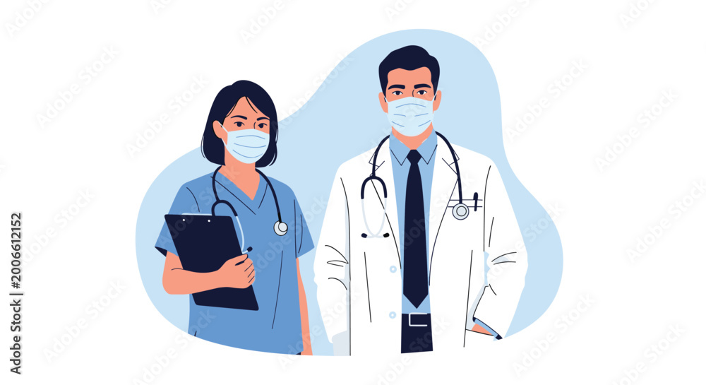Fototapeta premium Male doctor and female nurse wearing surgical masks and professional attire standing together as medical frontline workers.