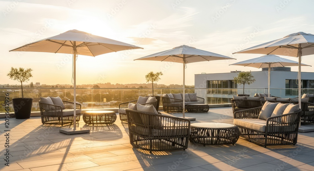 Fototapeta premium Una terraza elegante de hotel con muebles modernos de mimbre y sombrillas blancas bajo la cálida luz dorada de un atardecer veraniego, copas, paisaje, moderno
