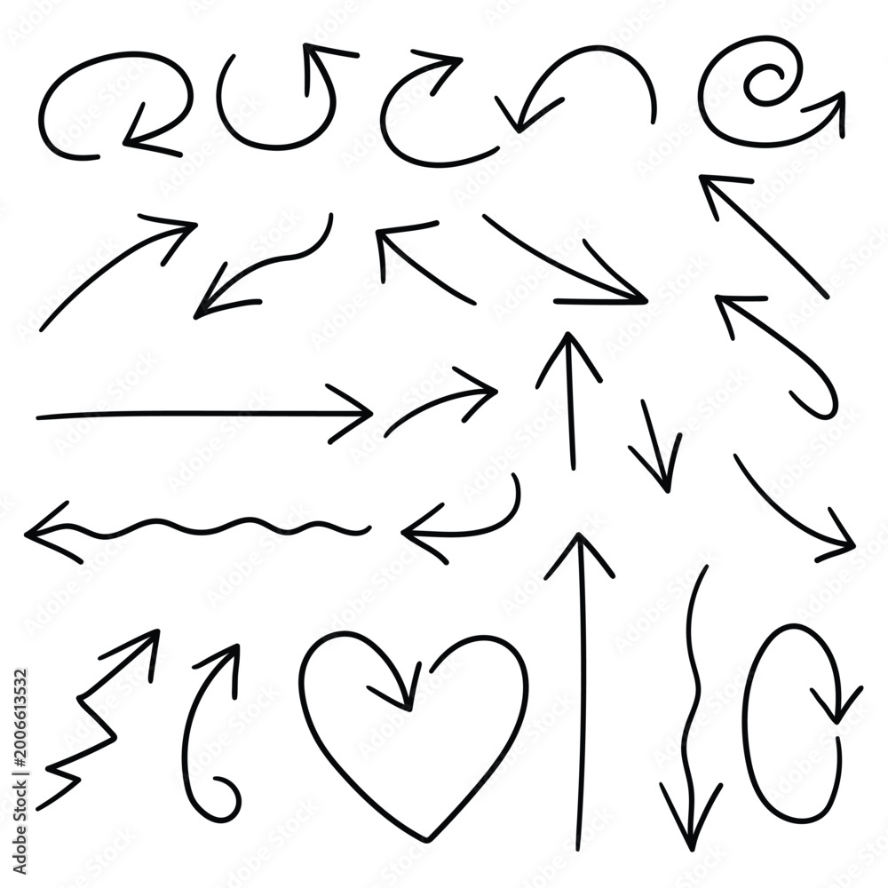 Fototapeta premium Hand-drawn doodle set of arrows on a white background.