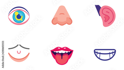 Fotografía Sensory Delights: A vibrant and illustrative display of human sensory organs, representing sight, smell, hearing, taste, and touch