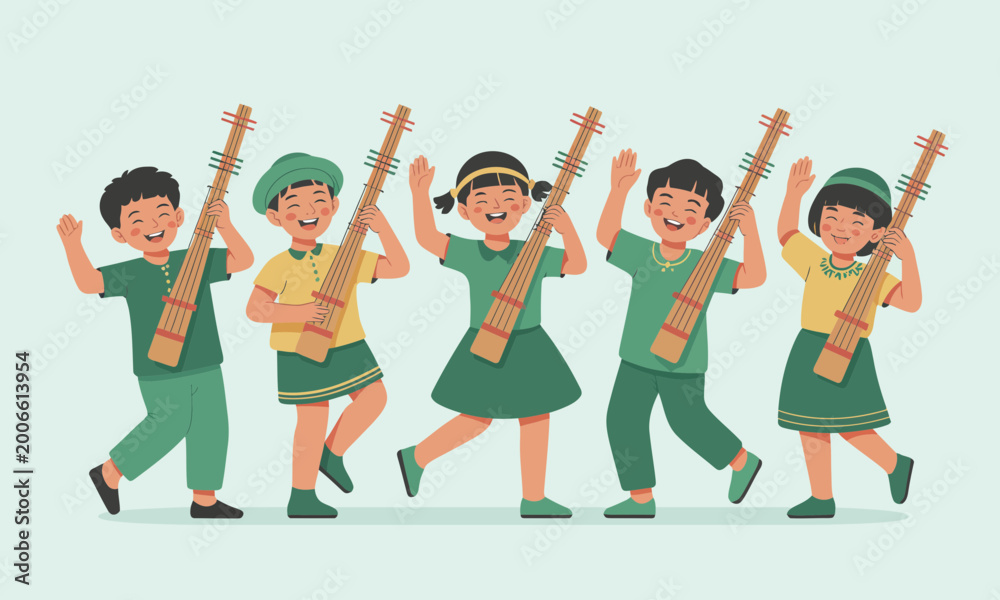 Obraz premium Asian Children in Traditional Dress Playing Music Illustration