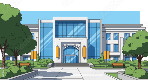 Bild auf Leinwand Modern Office Building Exterior with Glass Facade and Landscaped Entrance