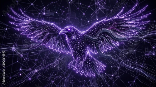 Glowing purple raven in network with nodes and connections