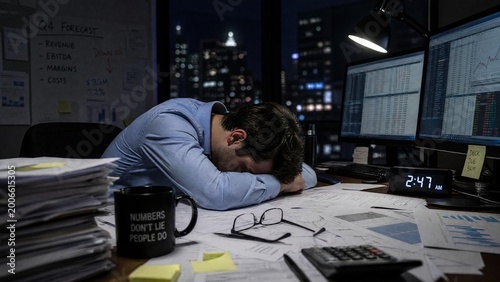 Exhausted businessman sleeps at desk in dark office with city lights outside, symbolizing burnout and overwork.