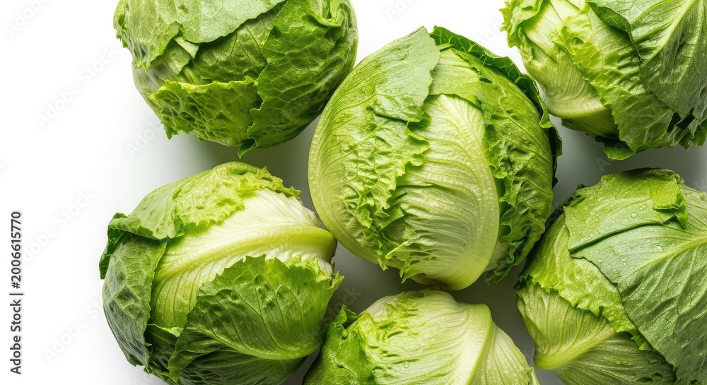 Fototapeta premium Top down view of fresh iceberg lettuce heads arranged closely on a white background, highlighting vibrant green leaves and crisp textures, ingredient, agriculture, summer