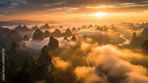 Aerial Sunset View of Karst Mountains and Li River in Guilin, China