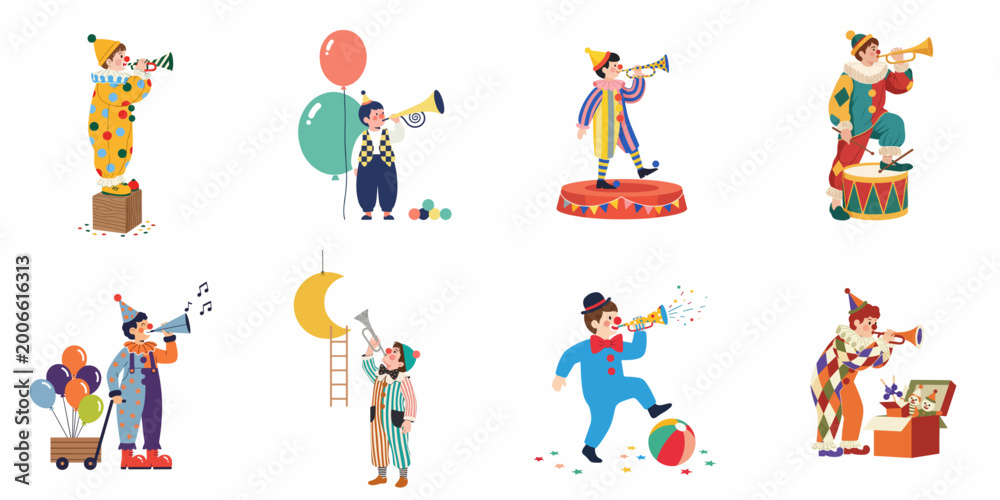 Fototapeta premium Collection of diverse clown characters playing musical instruments and performing circus acts, featuring balloons, drums, and colorful costumes in a whimsical hand-drawn style.
