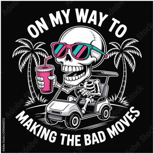 Skeleton driving golf cart with sunglasses and drink