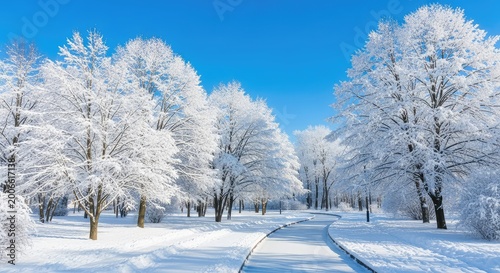 A serene winter scene in a city park featuring trees heavily laden with white snow alongside a winding frozen walkway during a cold day, atmosphere, wintry, woodland