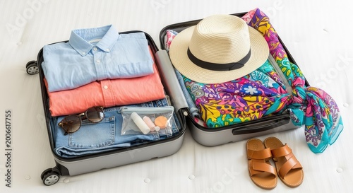 An open travel suitcase lies on a soft white bedspread, filled with neatly folded summer clothes and accessories for an upcoming vacation, white, trip, transport