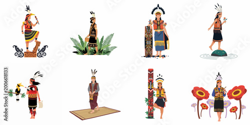 Fényképezés Collection of Flat Vector Illustrations Featuring Dayak People From Borneo in Tr